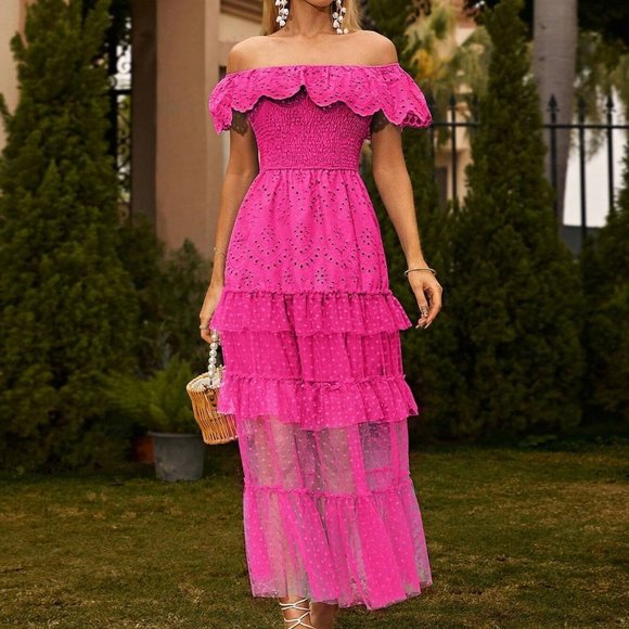 Pink Boho Womens Off Shoulder Ruffle Trim Mesh Overlay Dress - Picture 1 of 5